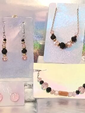 Handcrafted Pink and Black Beaded Necklace and Earring Set